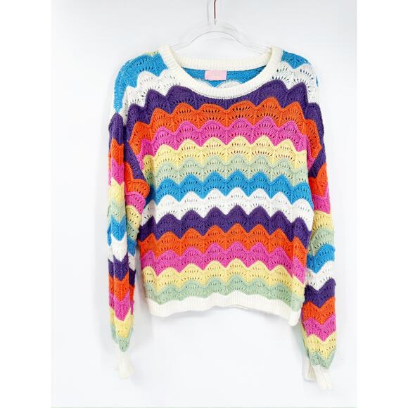 Sincerely Ours Over The Rainbow Multicolor Scalloped Knit Crewneck Sweater - Picture 1 of 4